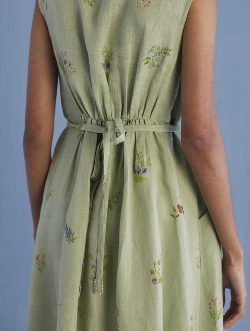Mema Shawl Collar Printed Linen Dress - Mint linen by Manan in mint color for women in Singapore