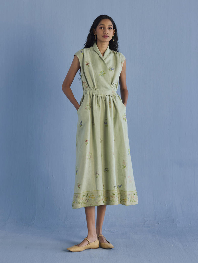 Mema Shawl Collar Printed Linen Dress - Mint linen by Manan in mint color for women in Singapore