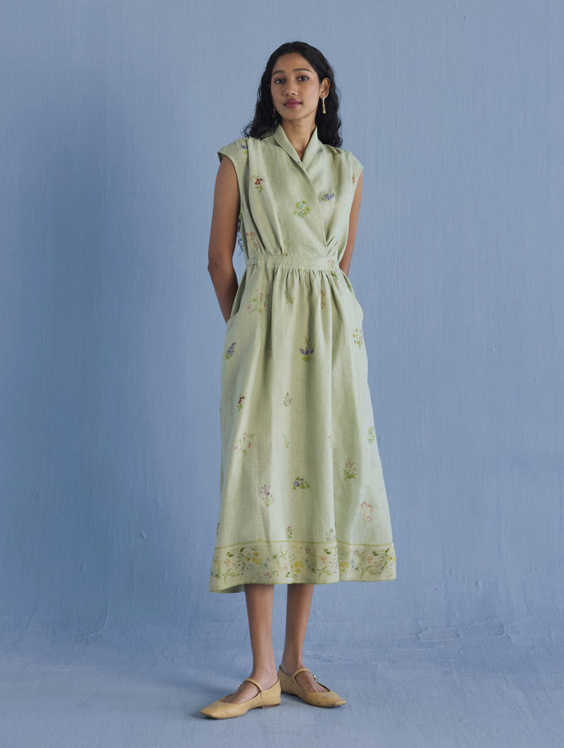 Mema Shawl Collar Printed Linen Dress - Mint linen by Manan in mint color for women in Singapore