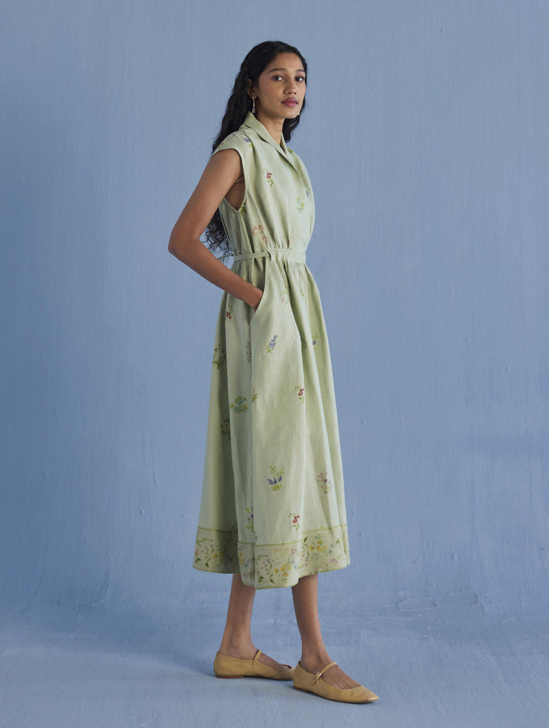 Mema Shawl Collar Printed Linen Dress - Mint linen by Manan in mint color for women in Singapore