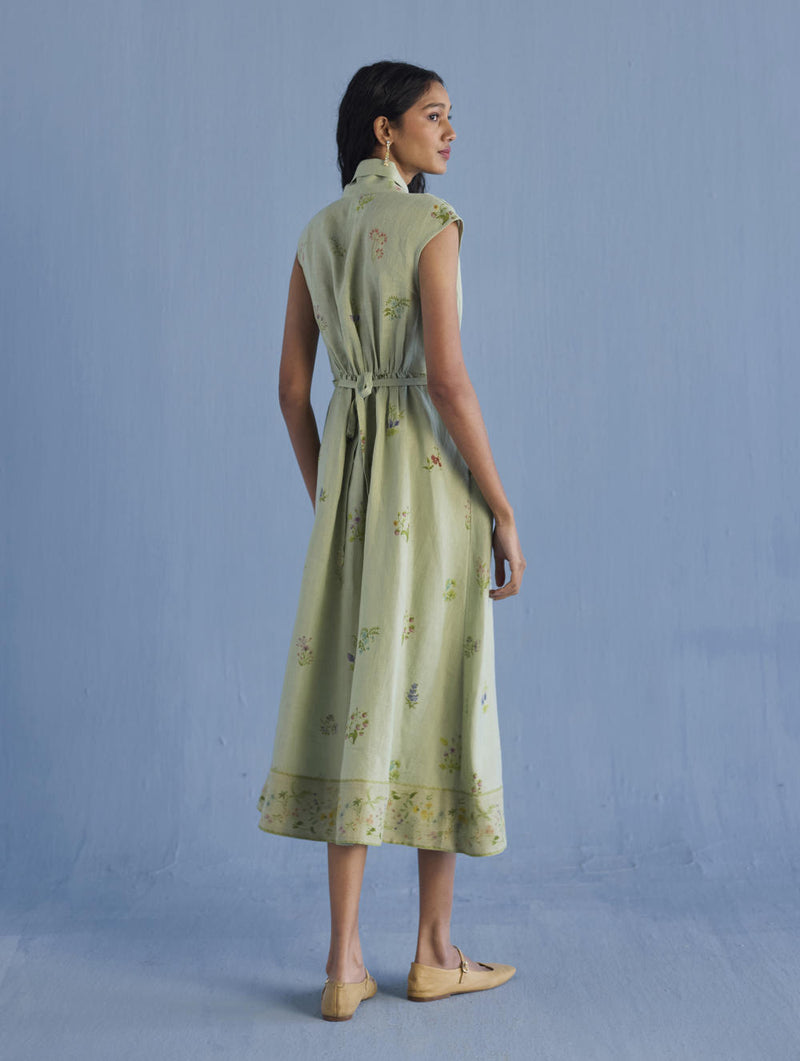 Mema Shawl Collar Printed Linen Dress - Mint linen by Manan in mint color for women in Singapore