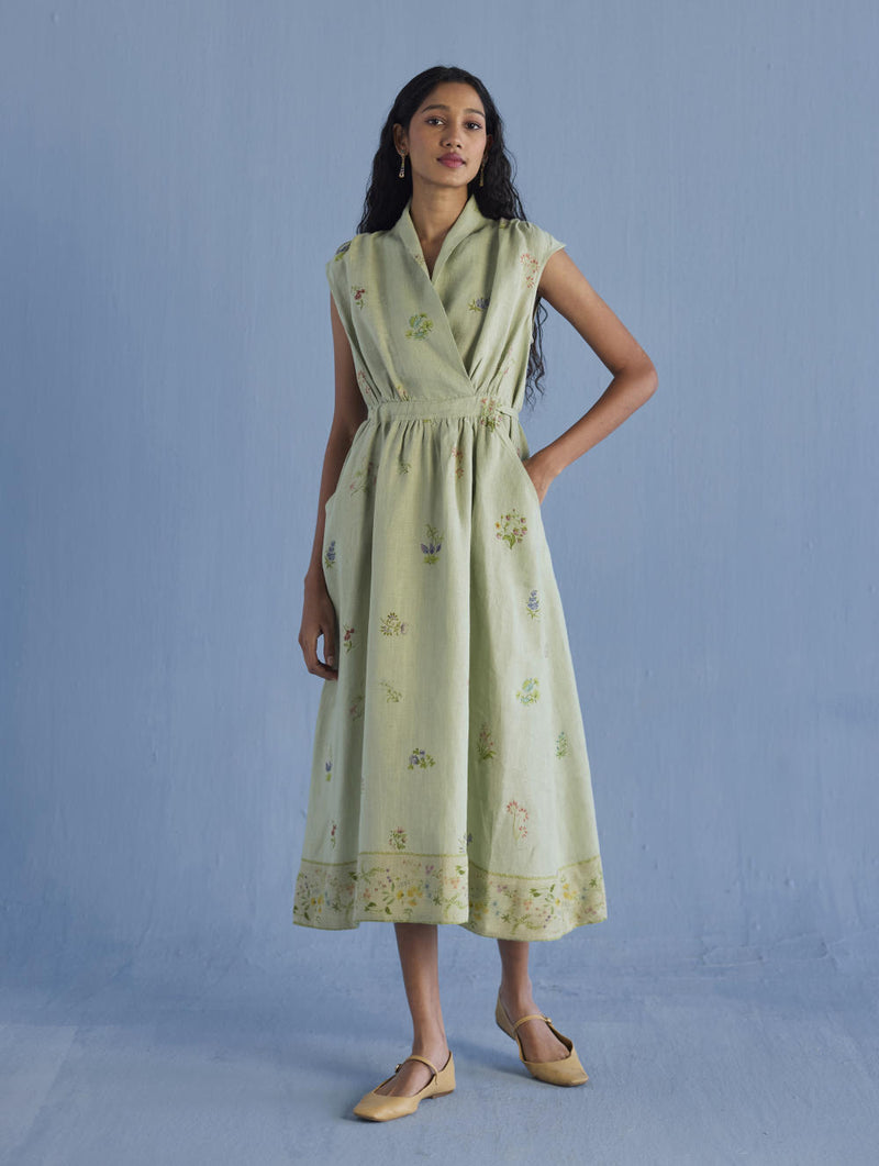 Mema Shawl Collar Printed Linen Dress - Mint linen by Manan in mint color for women in Singapore