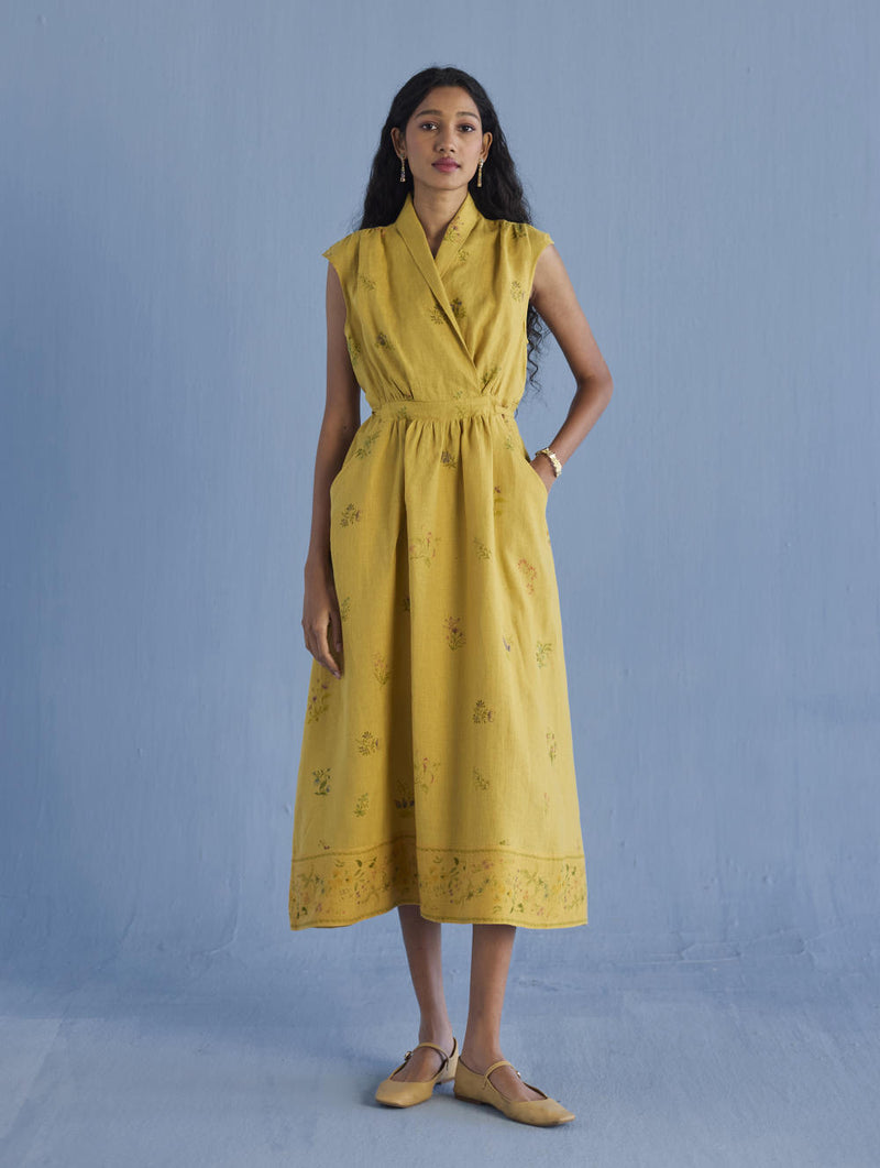 Mema Shawl Collar Printed Linen Dress - Ochre linen by Manan for women in Singapore