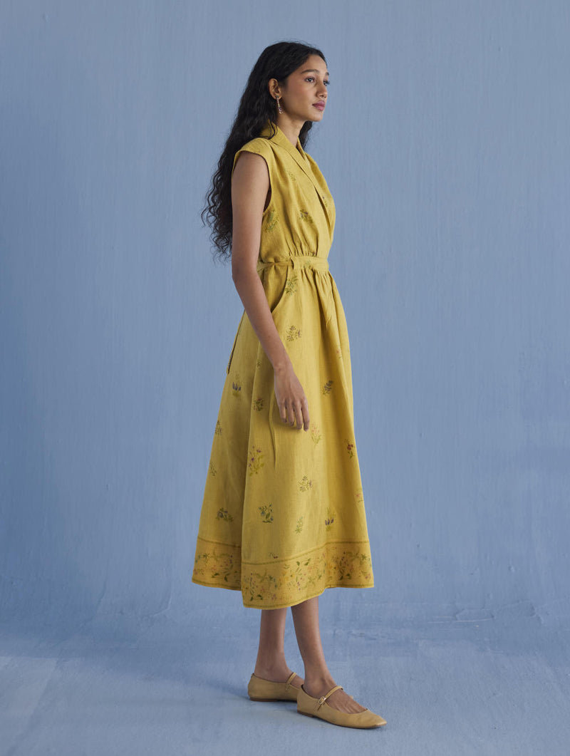 Mema Shawl Collar Printed Linen Dress - Ochre linen by Manan for women in Singapore