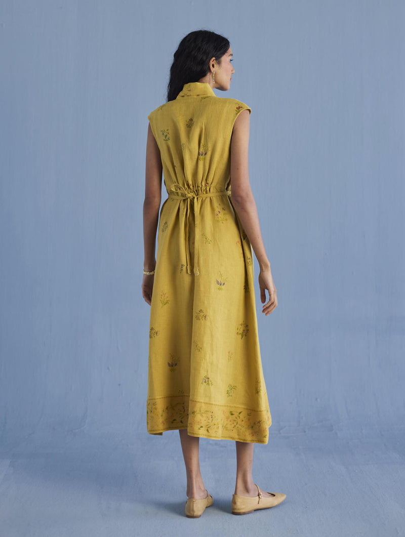 Mema Shawl Collar Printed Linen Dress - Ochre linen by Manan for women in Singapore