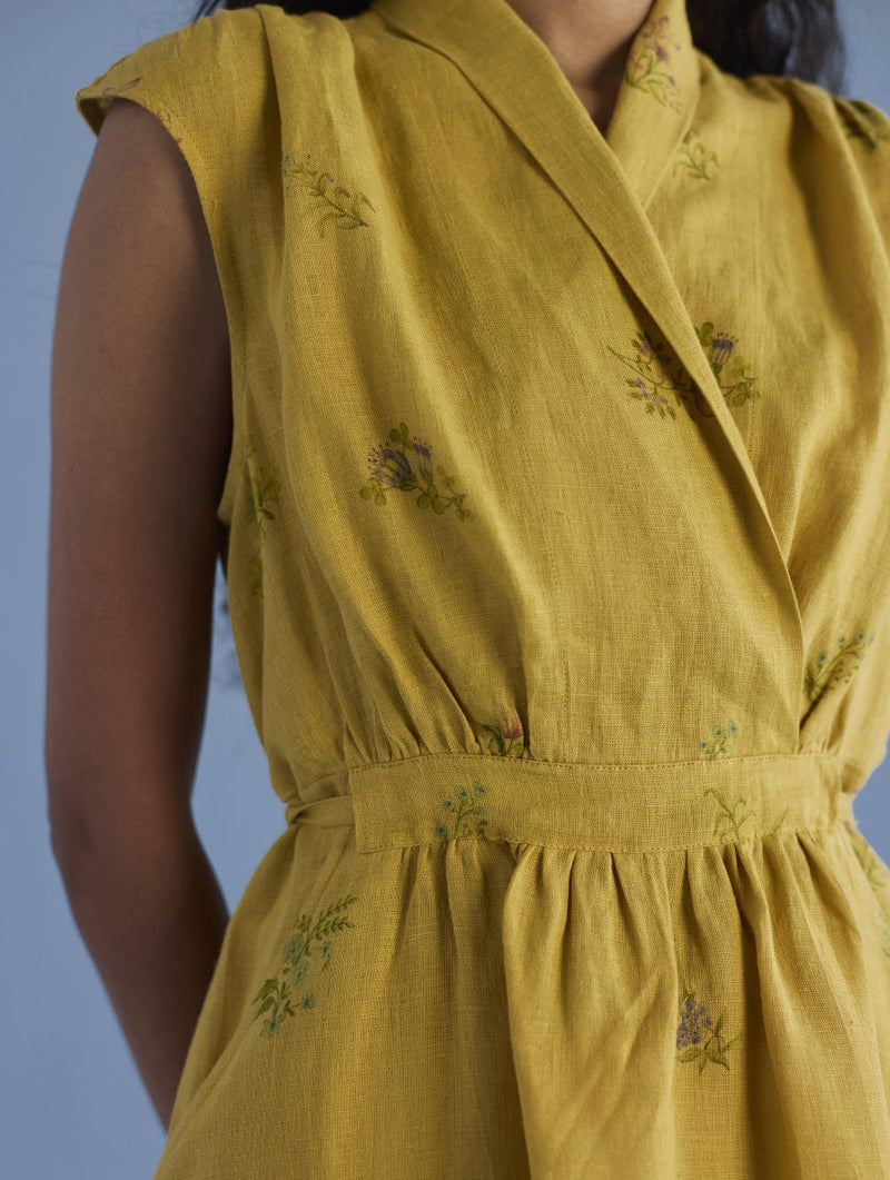 Mema Shawl Collar Printed Linen Dress - Ochre linen by Manan for women in Singapore