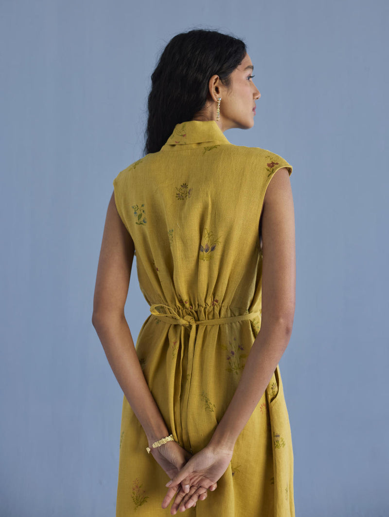 Mema Shawl Collar Printed Linen Dress - Ochre linen by Manan for women in Singapore