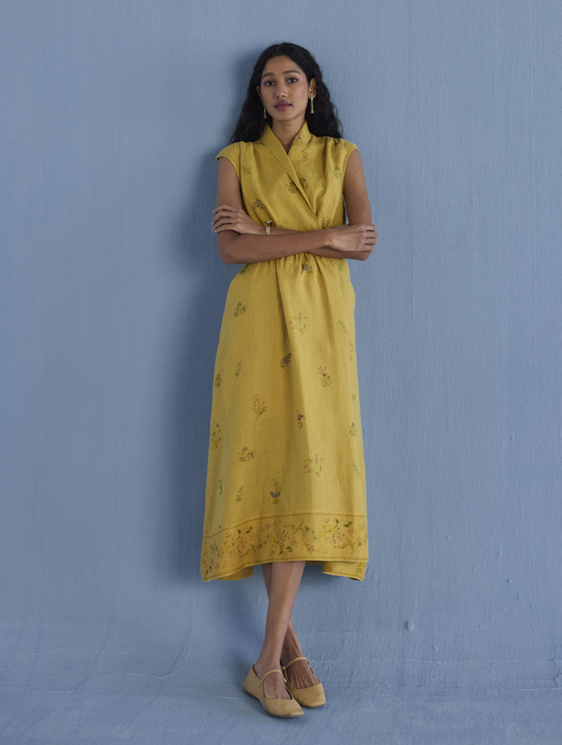 Mema Shawl Collar Printed Linen Dress - Ochre linen by Manan for women in Singapore