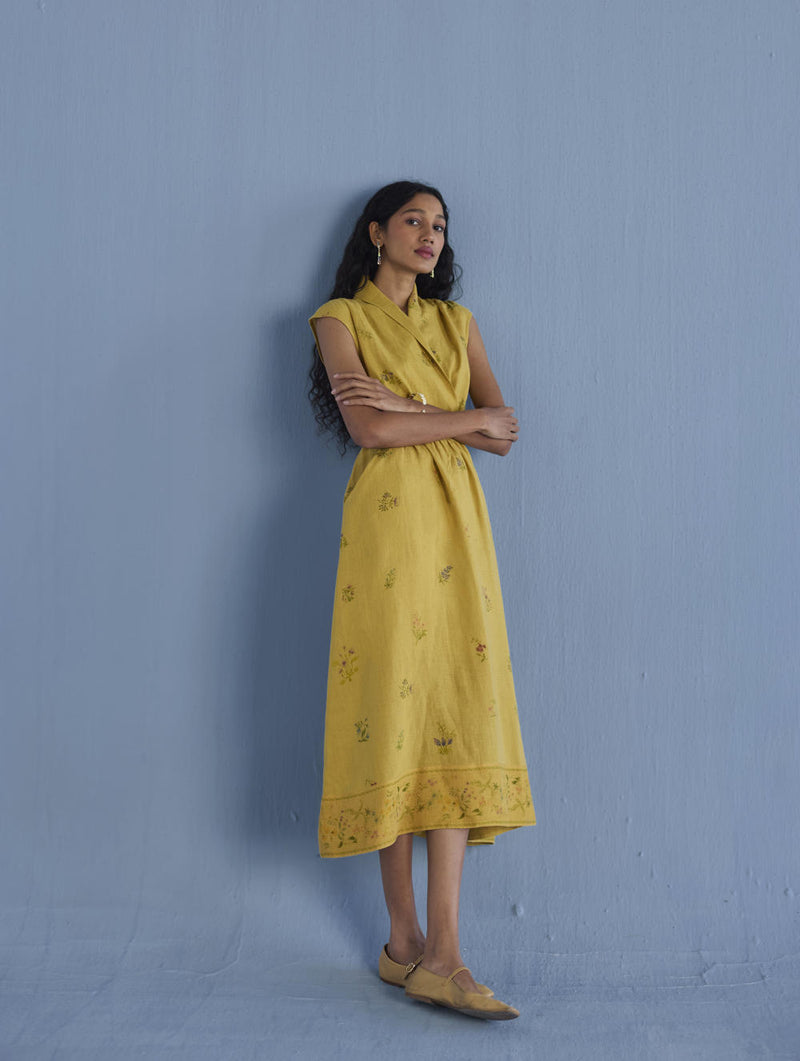 Mema Shawl Collar Printed Linen Dress - Ochre linen by Manan for women in Singapore