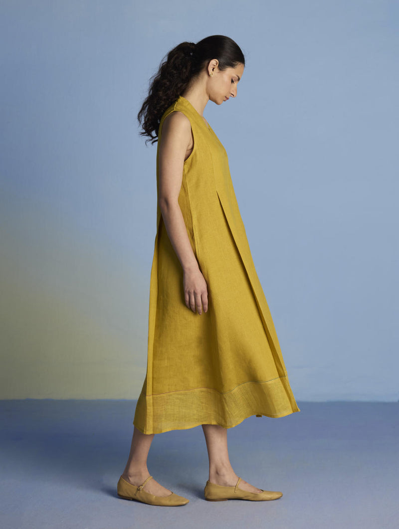 Ita Pleated Linen Dress - Ochre linen by Manan for women in Singapore