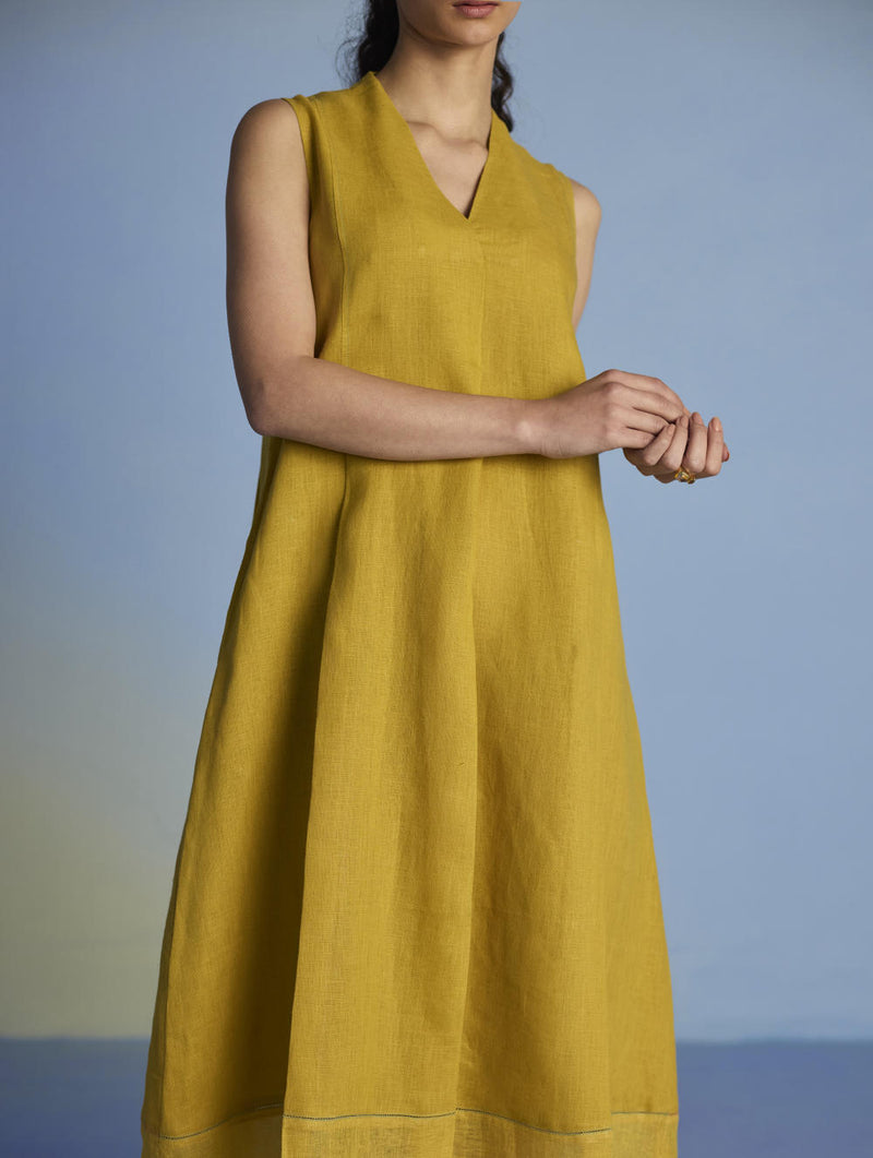 Ita Pleated Linen Dress - Ochre linen by Manan for women in Singapore