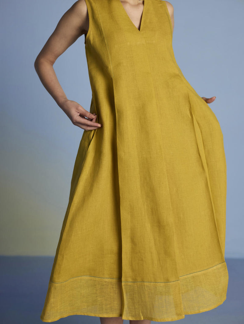 Ita Pleated Linen Dress and Overlay - Ochre linen by Manan for women in Singapore