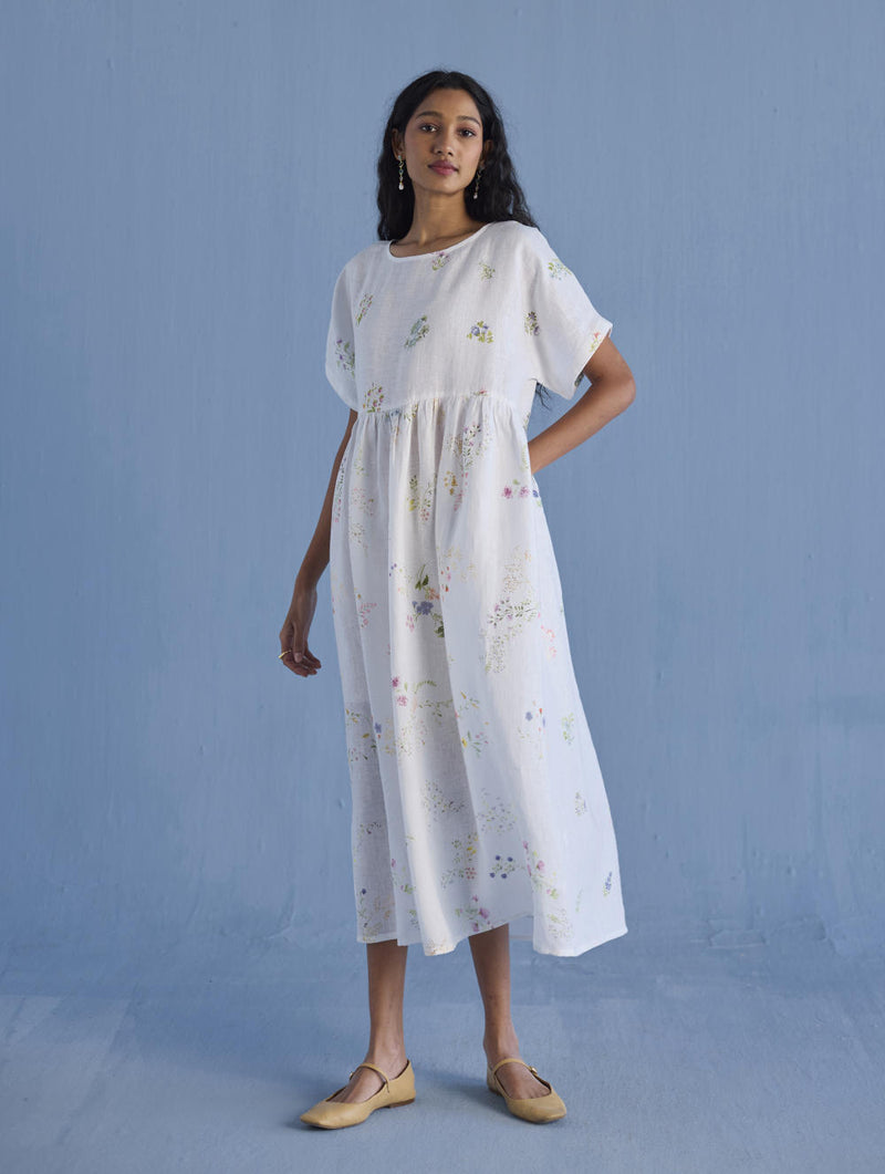 Rasa Floral Printed Sheer Linen Dress - White linen by Manan in white color for women in Singapore