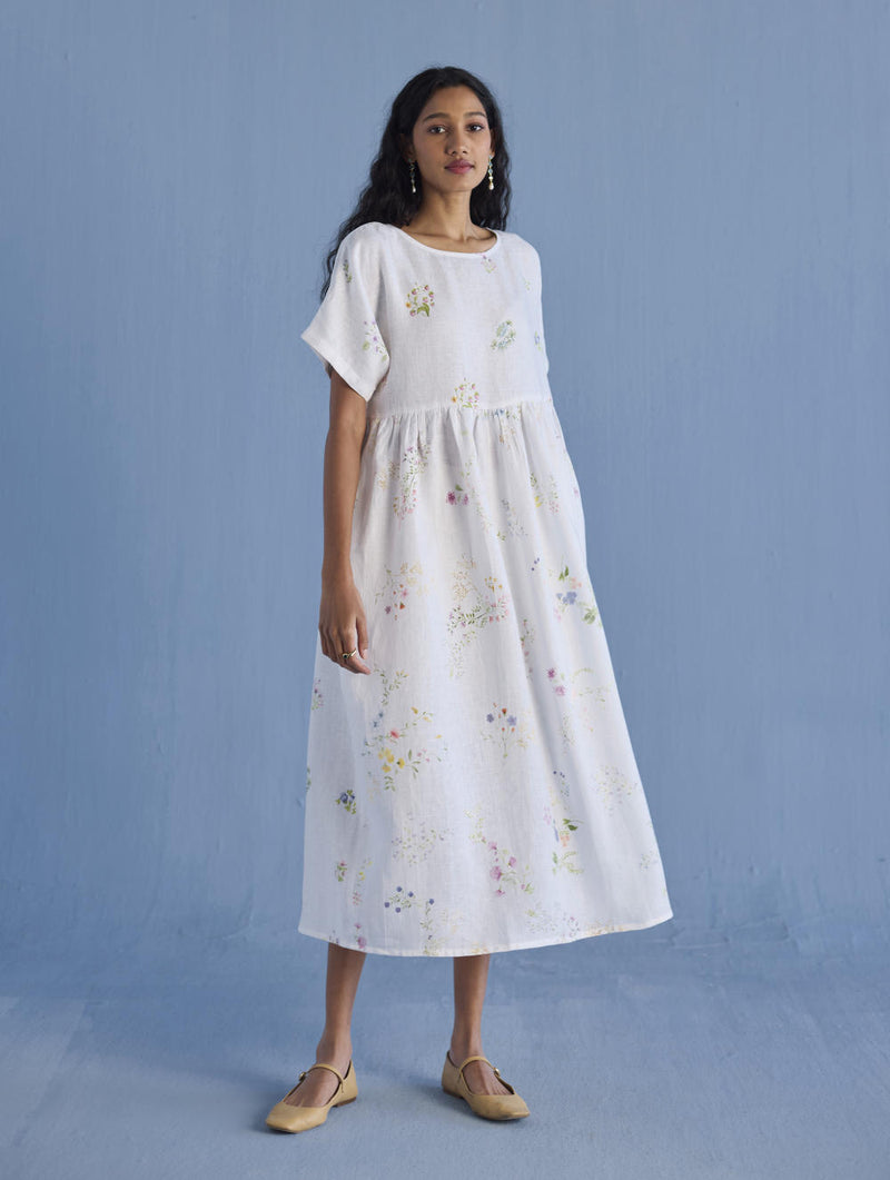 Rasa Floral Printed Sheer Linen Dress - White linen by Manan in white color for women in Singapore