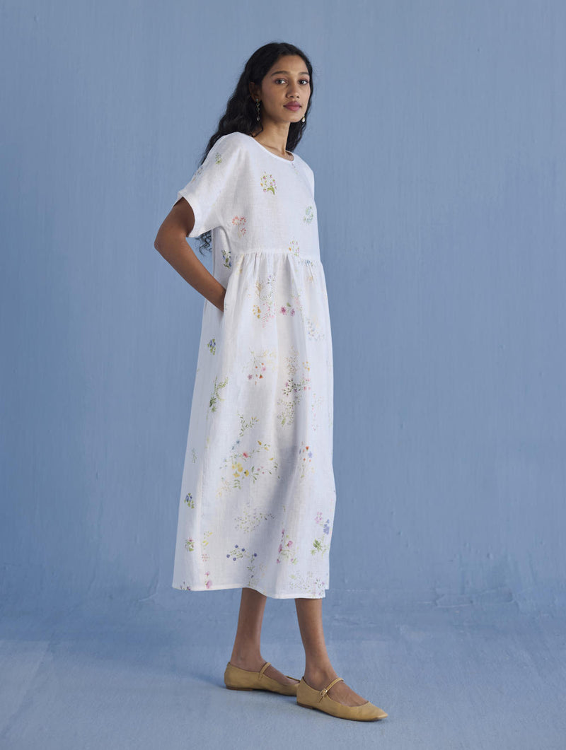 Rasa Floral Printed Sheer Linen Dress - White linen by Manan in white color for women in Singapore