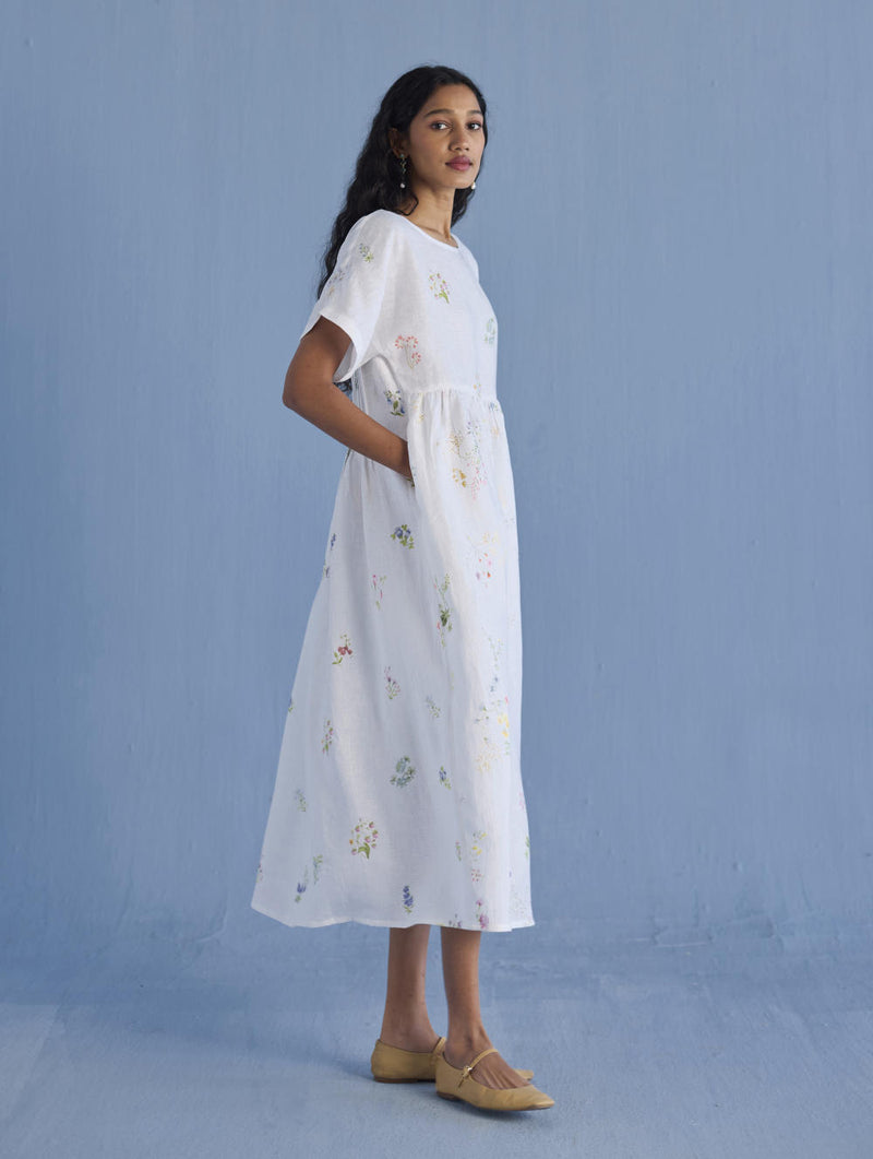 Rasa Floral Printed Sheer Linen Dress - White linen by Manan in white color for women in Singapore