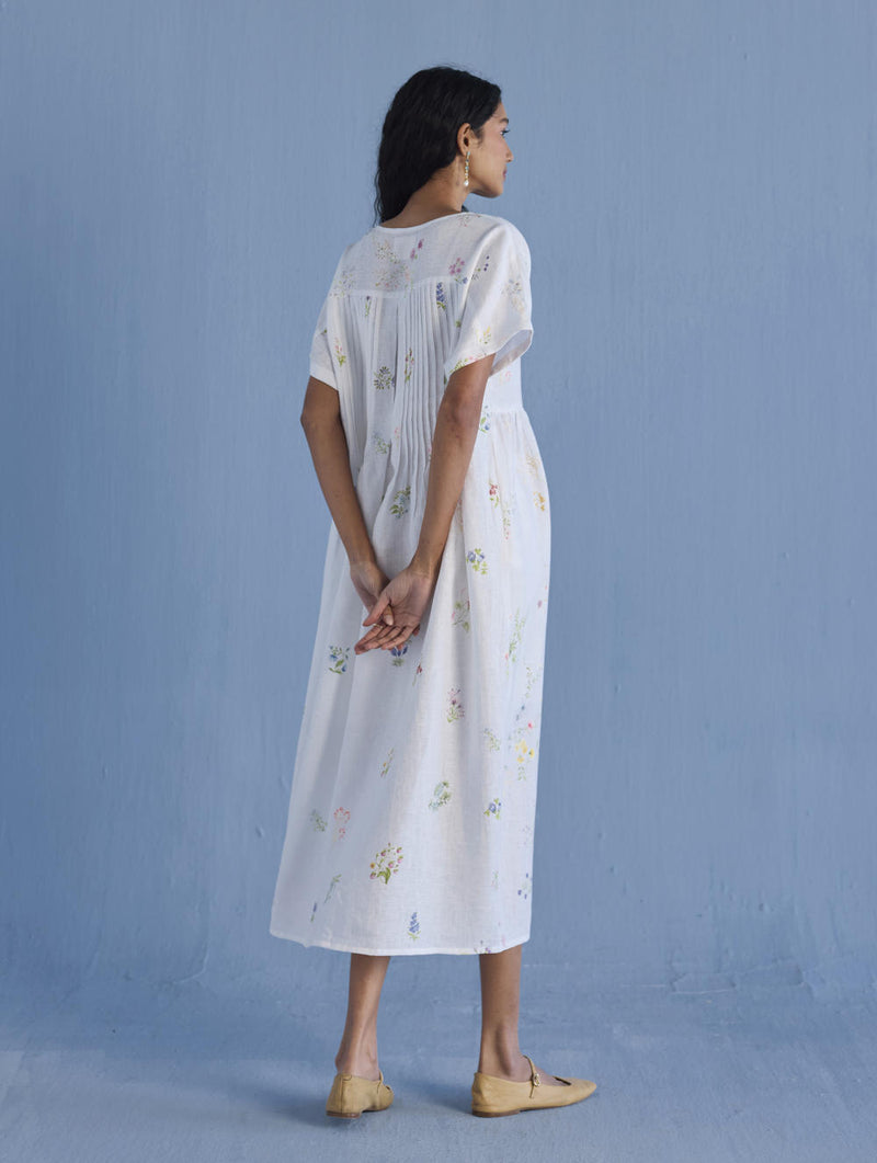 Rasa Floral Printed Sheer Linen Dress - White linen by Manan in white color for women in Singapore