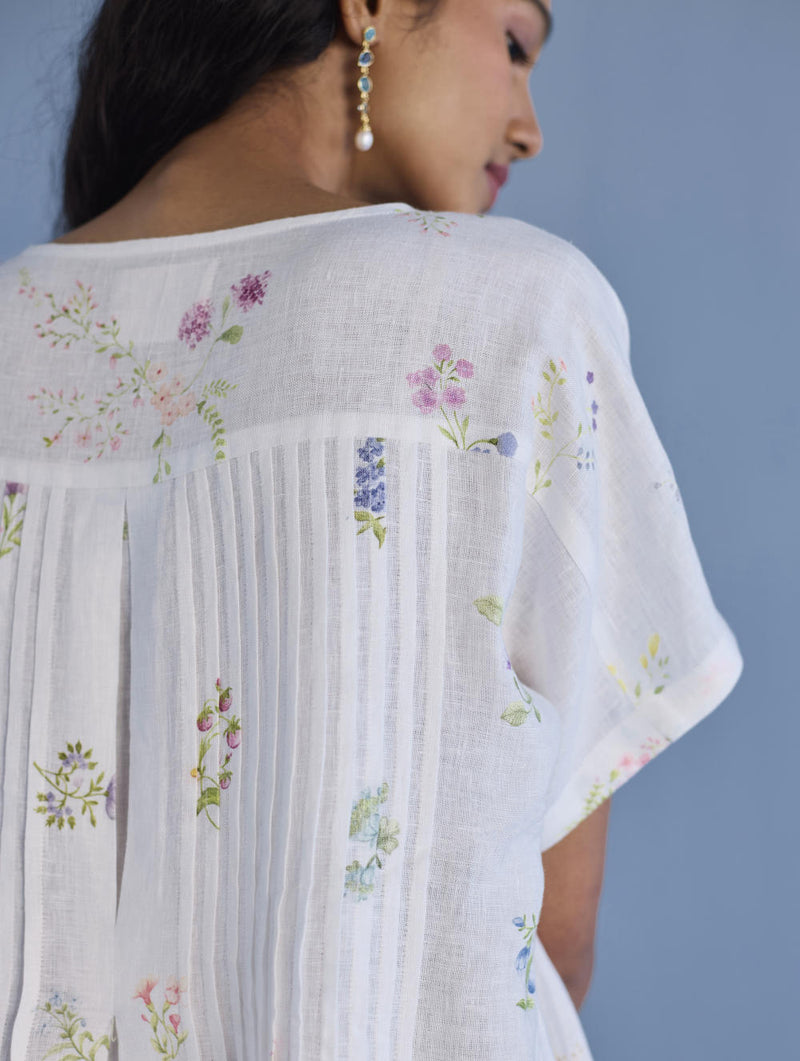 Rasa Floral Printed Sheer Linen Dress - White linen by Manan in white color for women in Singapore