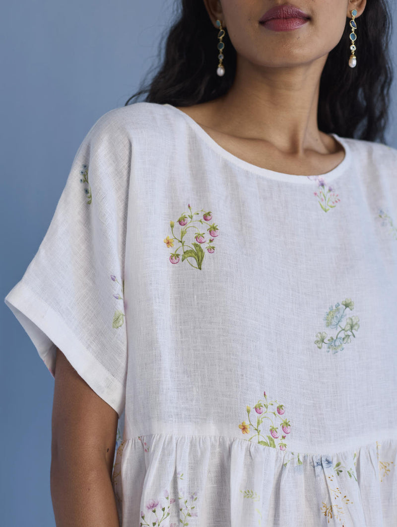 Rasa Floral Printed Sheer Linen Dress - White linen by Manan in white color for women in Singapore