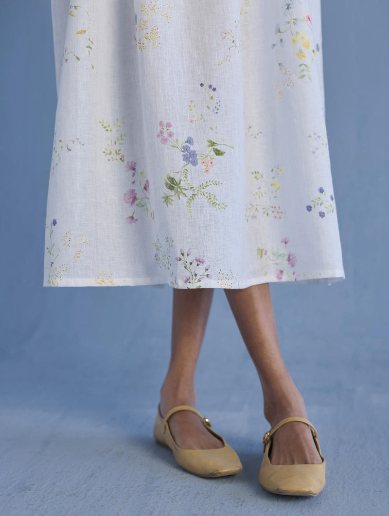 Rasa Floral Printed Sheer Linen Dress - White linen by Manan in white color for women in Singapore