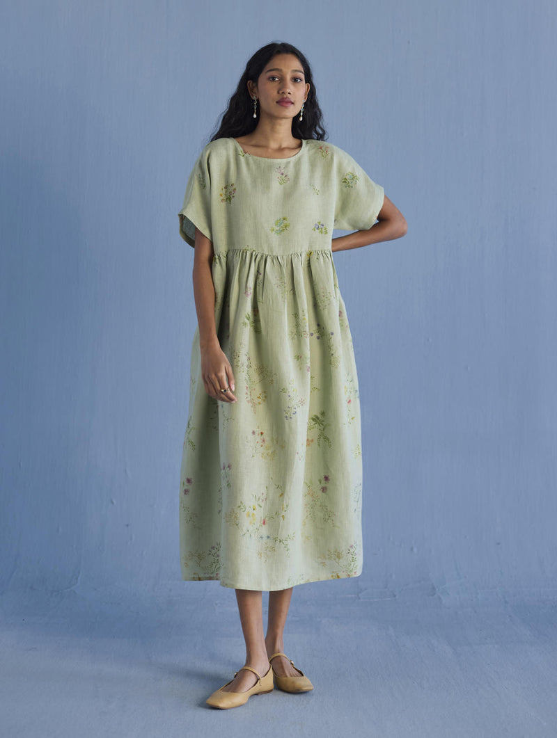 Rasa Floral Printed Sheer Linen Dress - Mint linen by Manan in mint color for women in Singapore