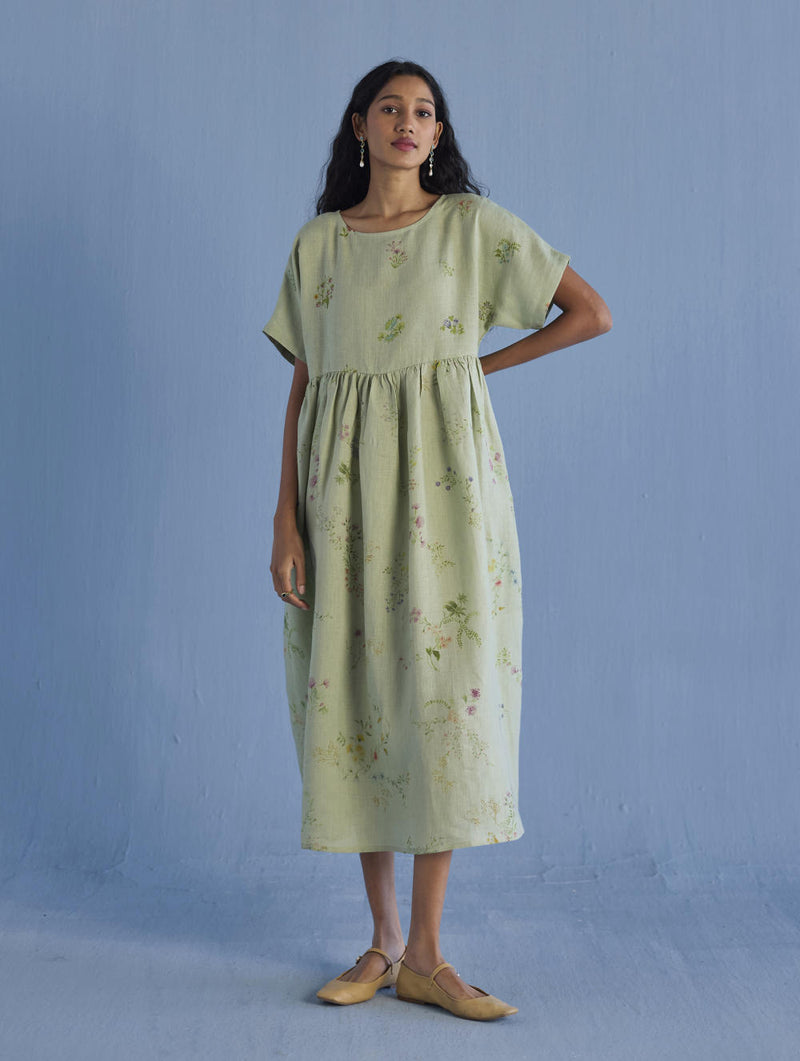 Rasa Floral Printed Sheer Linen Dress - Mint linen by Manan in mint color for women in Singapore