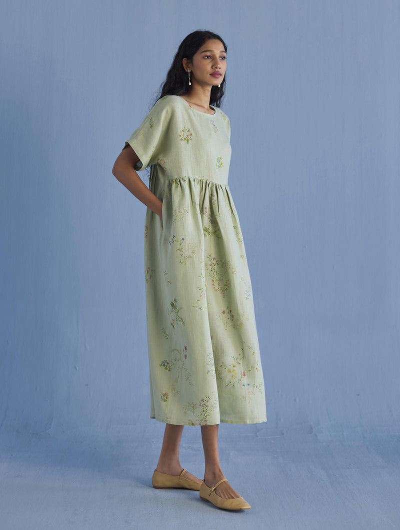 Rasa Floral Printed Sheer Linen Dress - Mint linen by Manan in mint color for women in Singapore