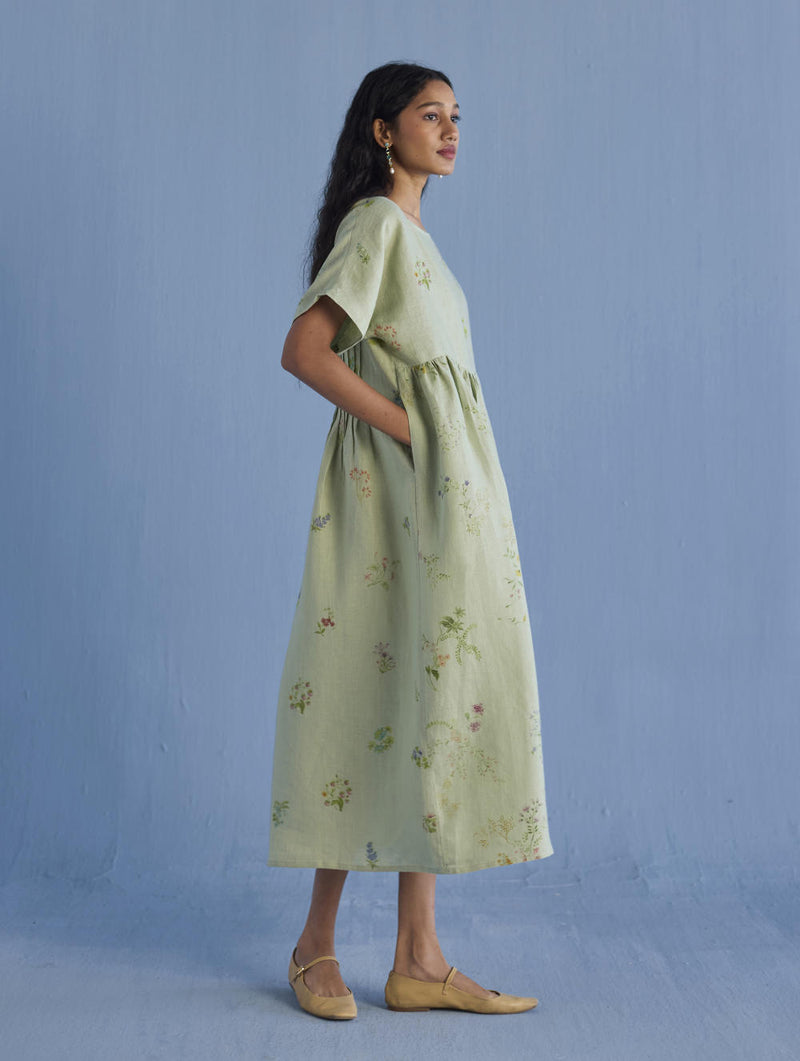 Rasa Floral Printed Sheer Linen Dress - Mint linen by Manan in mint color for women in Singapore