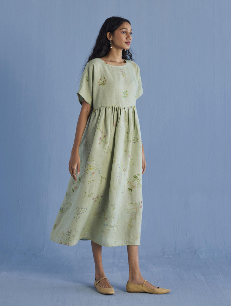 Rasa Floral Printed Sheer Linen Dress - Mint linen by Manan in mint color for women in Singapore