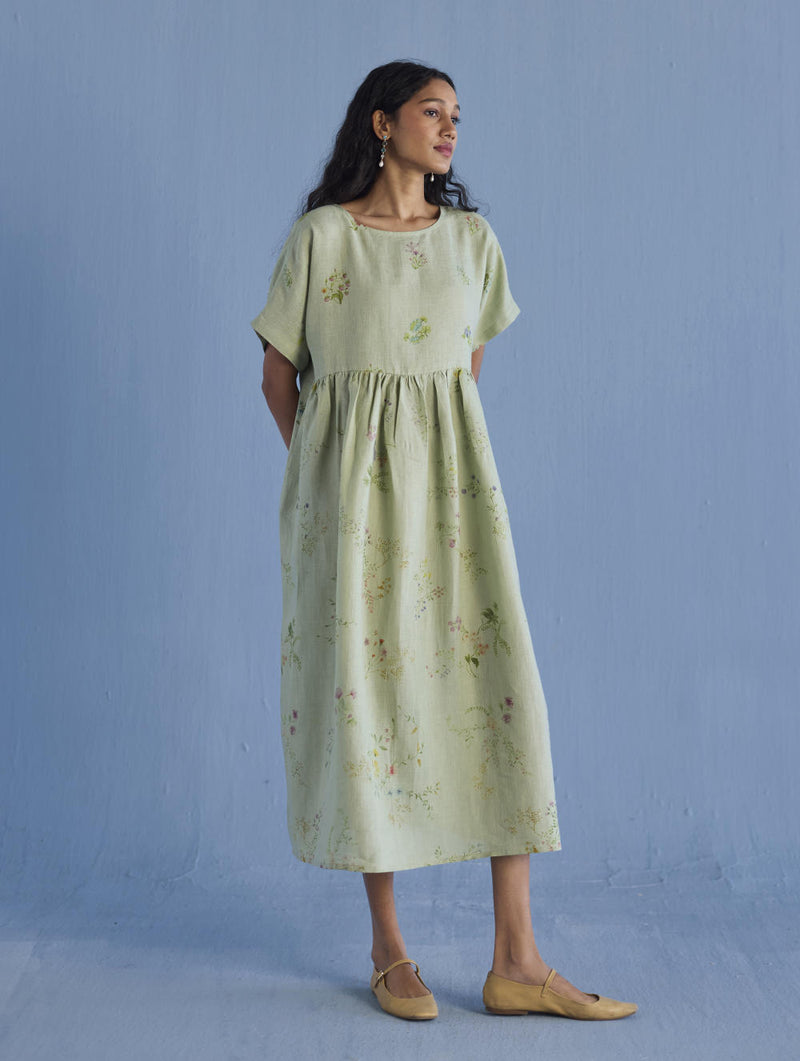 Rasa Floral Printed Sheer Linen Dress - Mint linen by Manan in mint color for women in Singapore