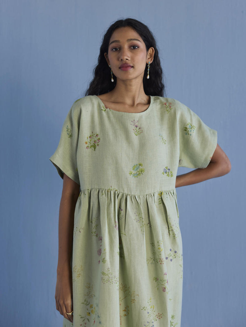 Rasa Floral Printed Sheer Linen Dress - Mint linen by Manan in mint color for women in Singapore