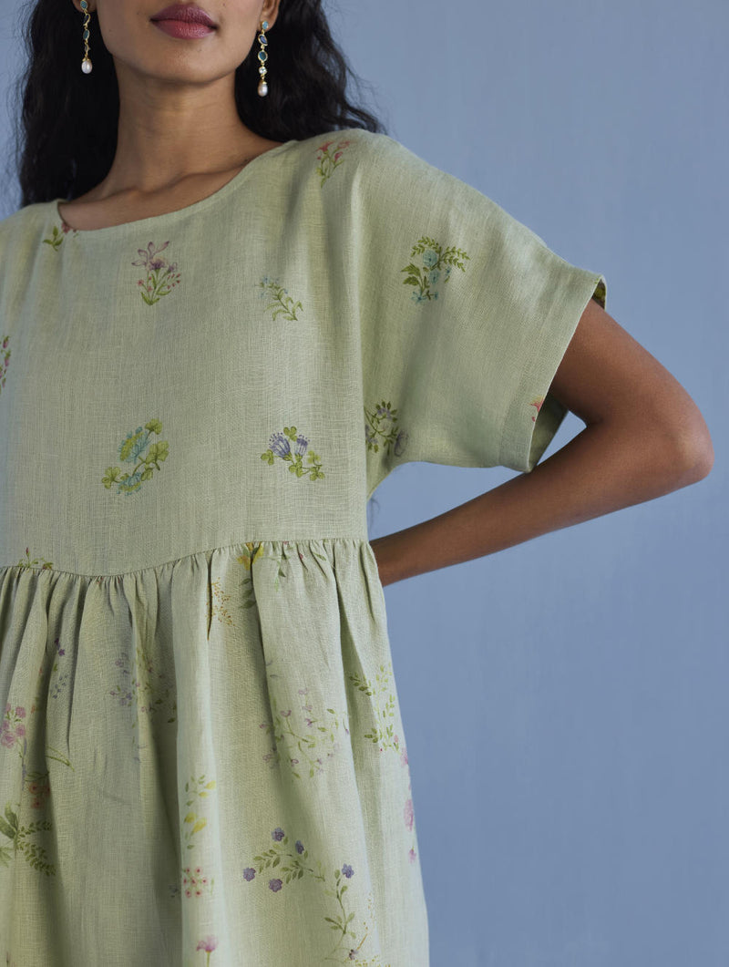 Rasa Floral Printed Sheer Linen Dress - Mint linen by Manan in mint color for women in Singapore