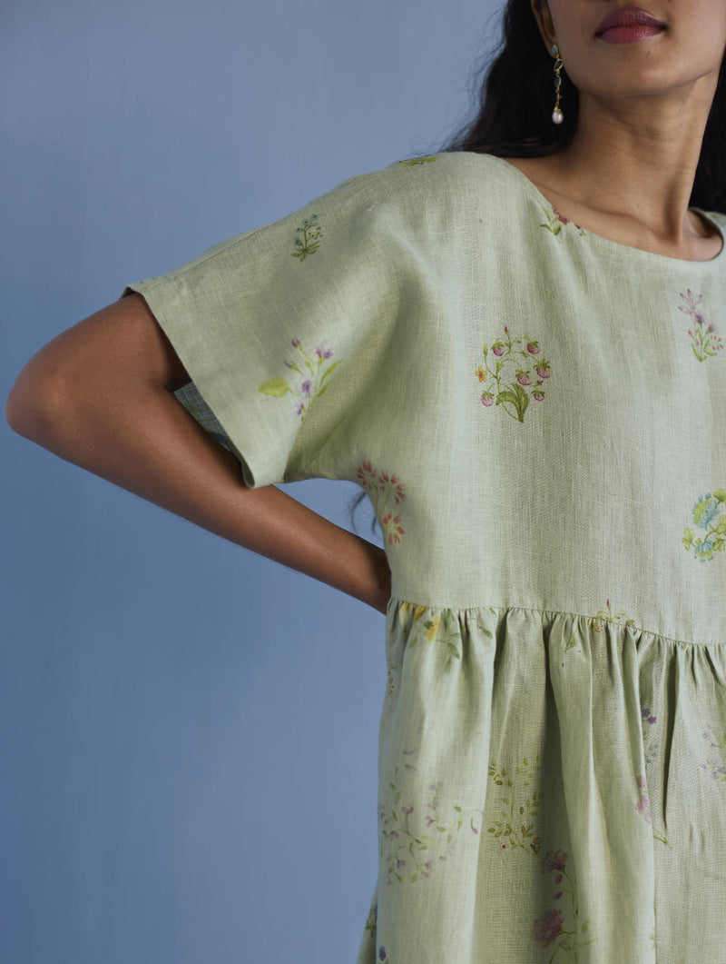 Rasa Floral Printed Sheer Linen Dress - Mint linen by Manan in mint color for women in Singapore