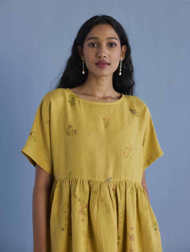 Rasa Floral Printed Sheer Linen Dress - Ochre linen by Manan for women in Singapore