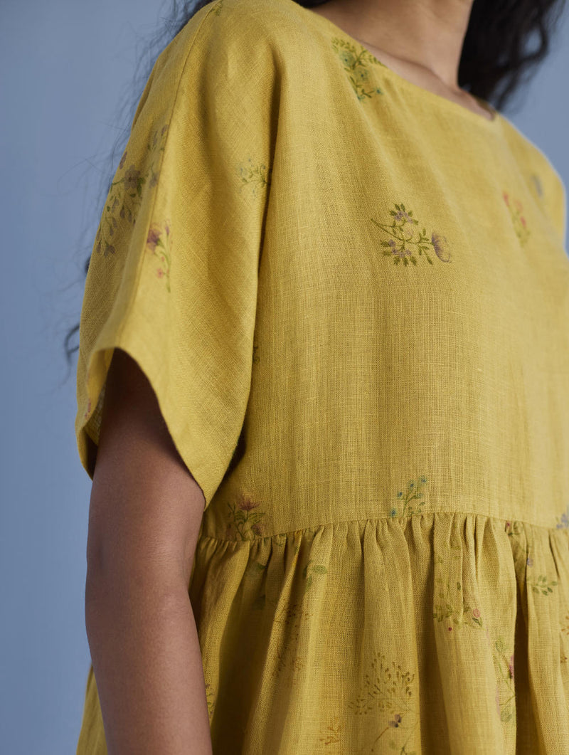 Rasa Floral Printed Sheer Linen Dress - Ochre linen by Manan for women in Singapore