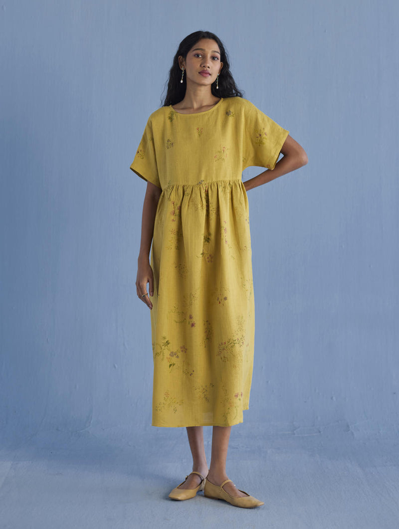 Rasa Floral Printed Sheer Linen Dress - Ochre linen by Manan for women in Singapore