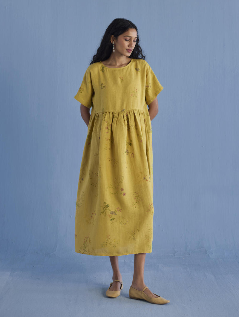 Rasa Floral Printed Sheer Linen Dress - Ochre linen by Manan for women in Singapore