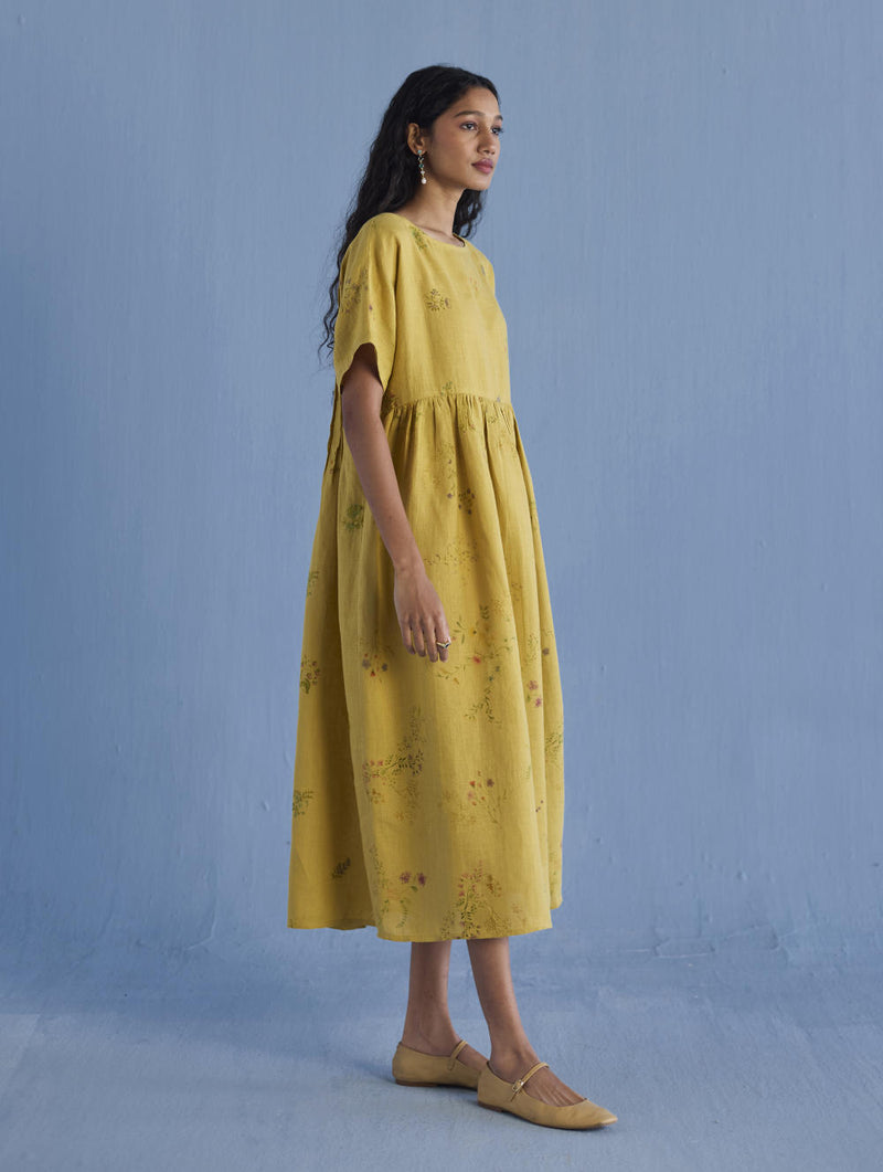 Rasa Floral Printed Sheer Linen Dress - Ochre linen by Manan for women in Singapore