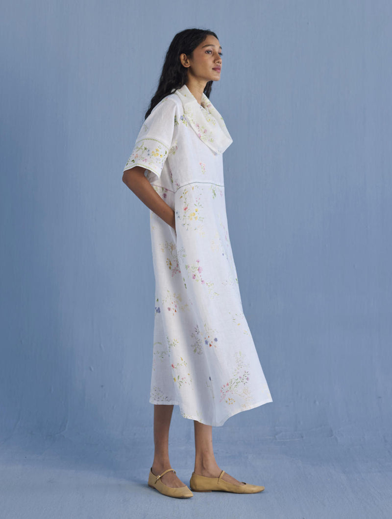 Imara Cowl Neck Linen Dress - White linen by Manan in white color for women in Singapore