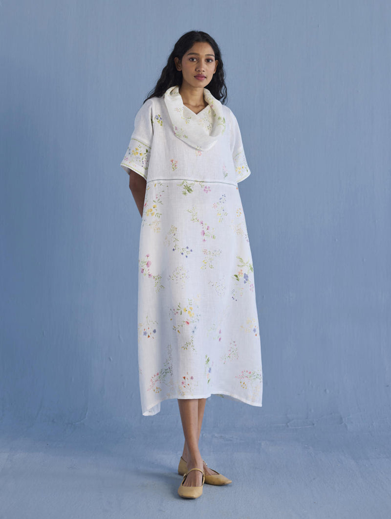 Imara Cowl Neck Linen Dress - White linen by Manan in white color for women in Singapore