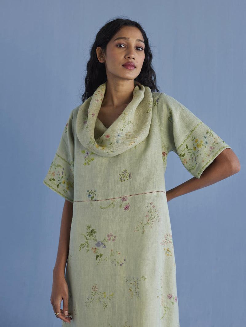 Imara Cowl Neck Linen Dress - Mint linen by Manan in mint color for women in Singapore