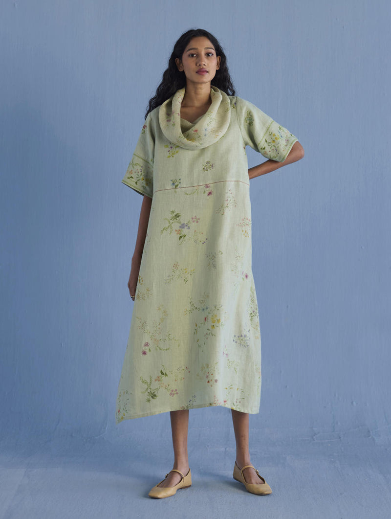 Imara Cowl Neck Linen Dress - Mint linen by Manan in mint color for women in Singapore