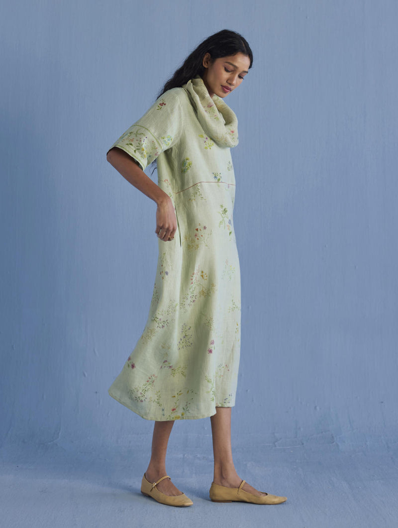 Imara Cowl Neck Linen Dress - Mint linen by Manan in mint color for women in Singapore