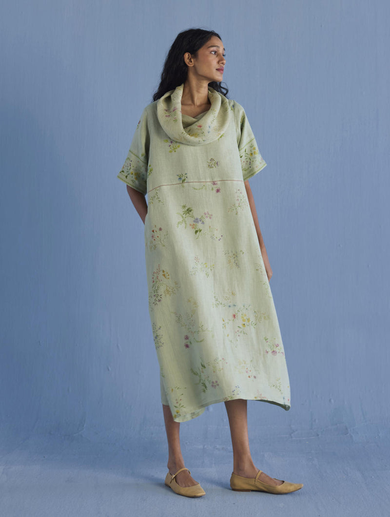 Imara Cowl Neck Linen Dress - Mint linen by Manan in mint color for women in Singapore