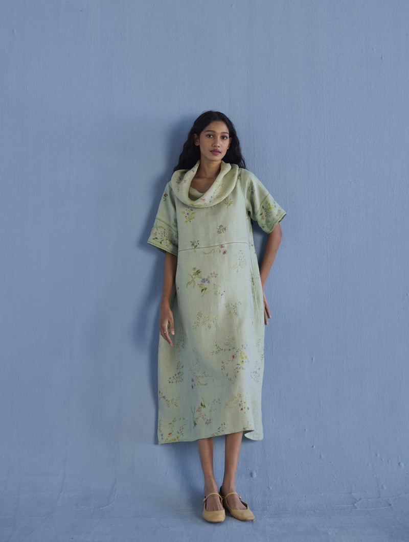 Imara Cowl Neck Linen Dress - Mint linen by Manan in mint color for women in Singapore