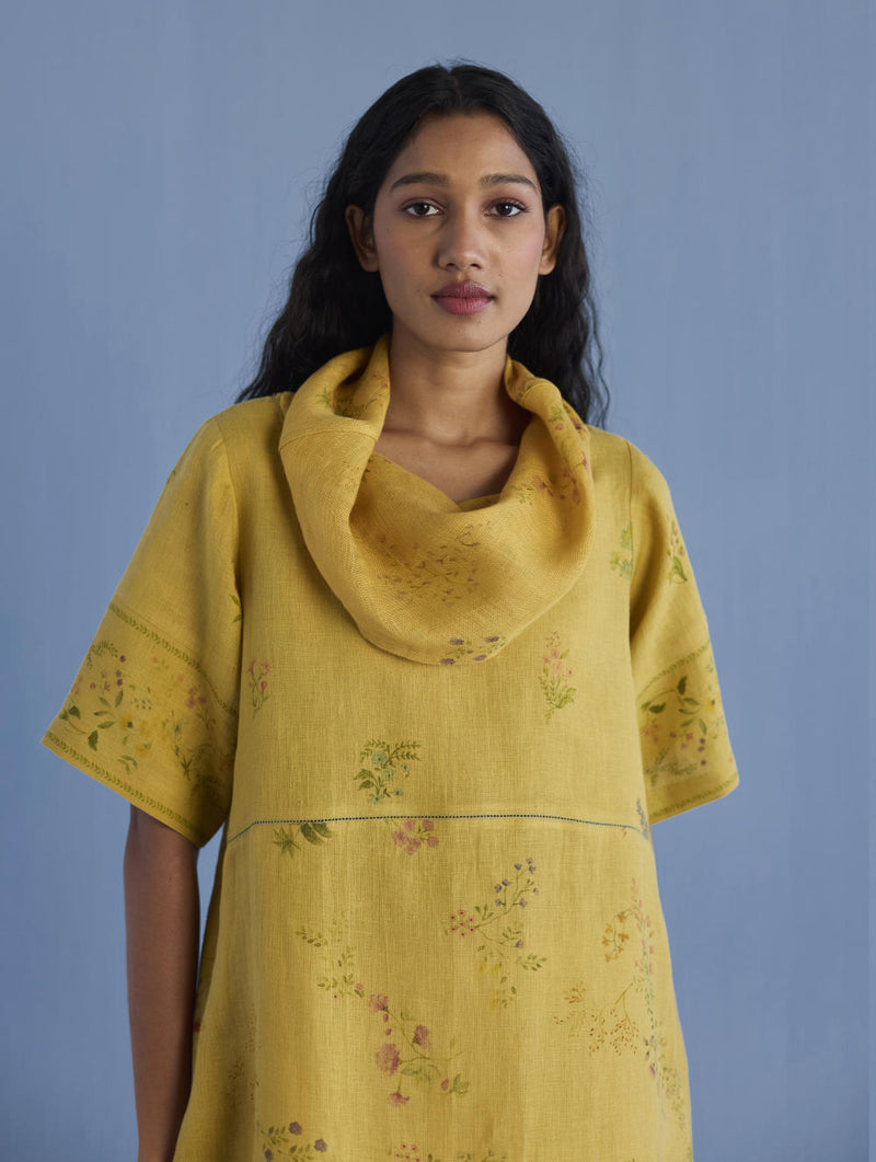Imara Cowl Neck Linen Dress - Ochre linen by Manan for women in Singapore