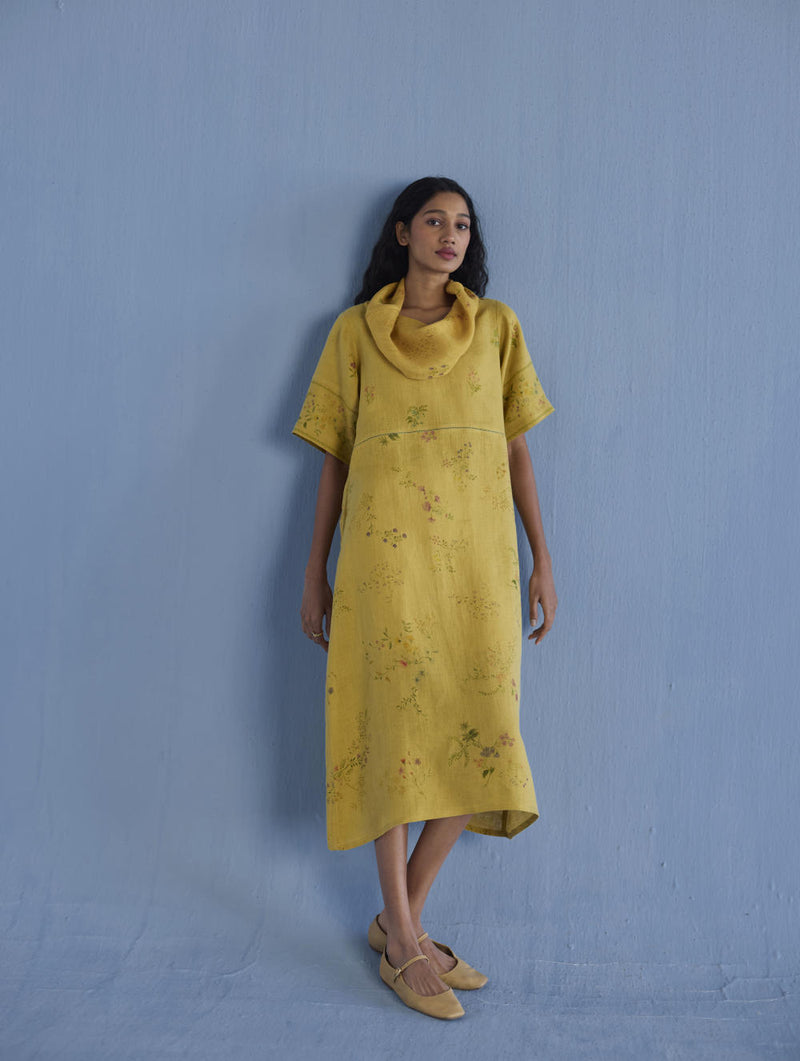 Imara Cowl Neck Linen Dress - Ochre linen by Manan for women in Singapore