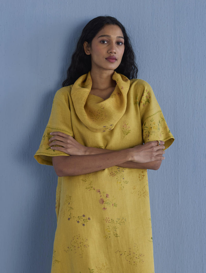 Imara Cowl Neck Linen Dress - Ochre linen by Manan for women in Singapore