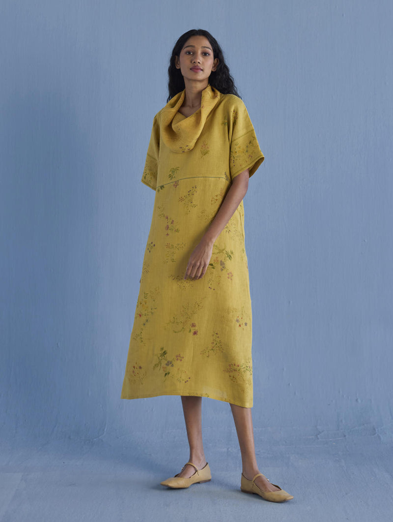 Imara Cowl Neck Linen Dress - Ochre linen by Manan for women in Singapore