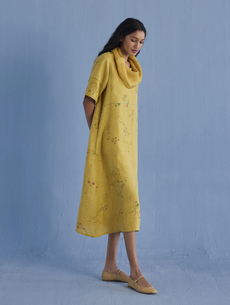 Imara Cowl Neck Linen Dress - Ochre linen by Manan for women in Singapore